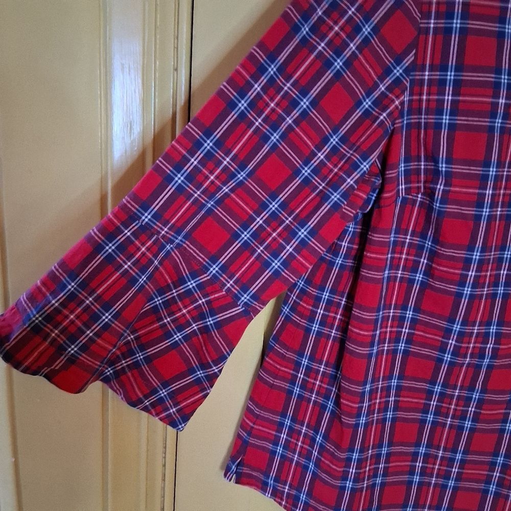 Draper James Red and Black Plaid Stretch Cotton Blouse With Ruffled Placket Sz L - Picture 5 of 14